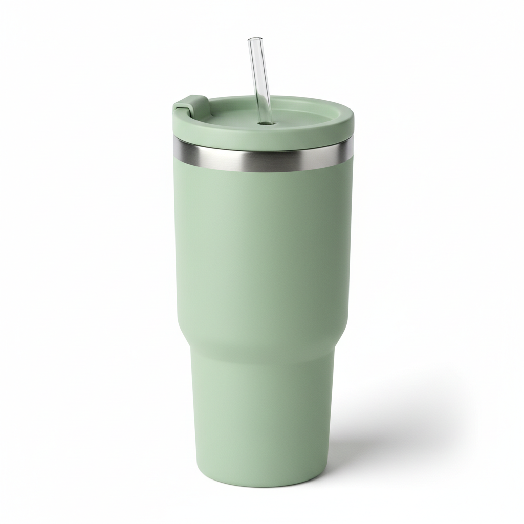Sage green stainless steel water cup with straw lid on pure white background