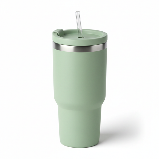 Sage green stainless steel water cup with straw lid on pure white background
