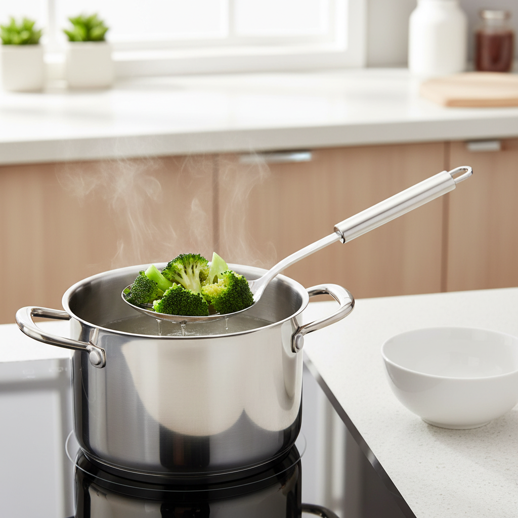 Stainless steel slotted spoon lifting blanched broccoli florets from simmering stockpot in kitchen
