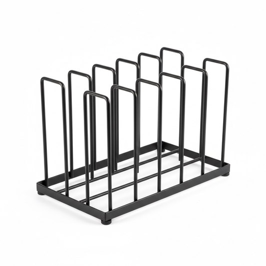 Freestanding vertical kitchen pan organizer rack in matte black on pure white background