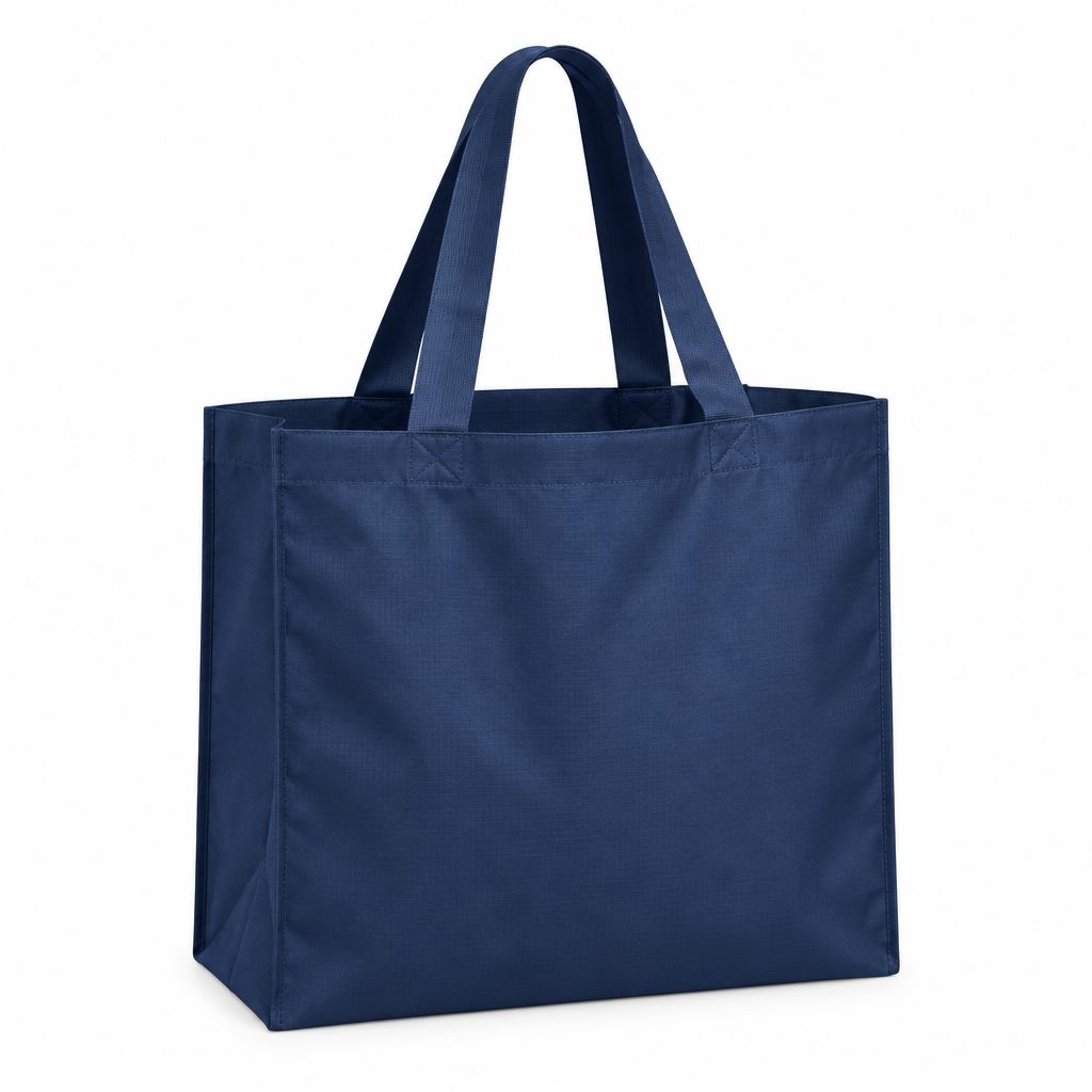 Reusable navy blue shopping bag with wide reinforced handles on white background