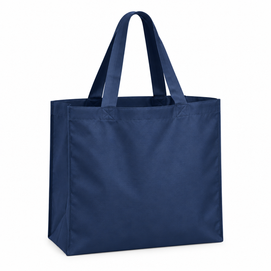Reusable navy blue shopping bag with wide reinforced handles on white background