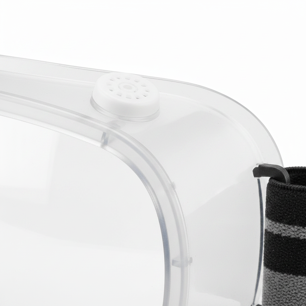 Macro detail of indirect ventilation valve caps and soft PVC facial flange seal
