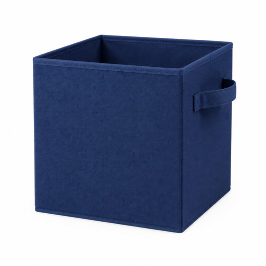 Fabric storage cube in navy blue with side loop handles for cube shelving on white background