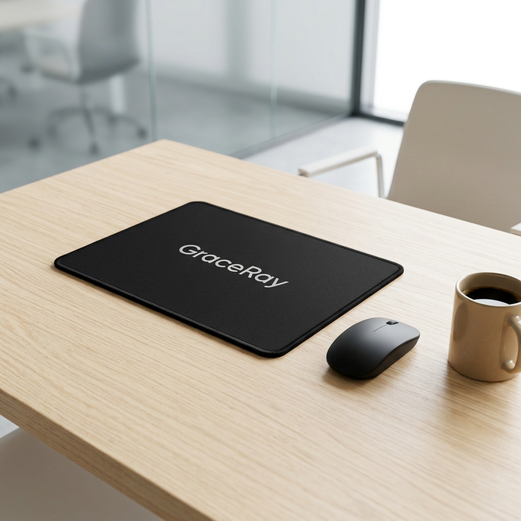 Custom promotional mouse pad lying flat on a modern office desk beside a wireless mouse and coffee mug