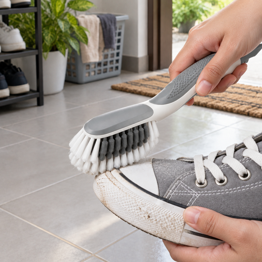 Cleaning a casual canvas sneaker with the shoe cleaning brush in a Malaysian home entryway