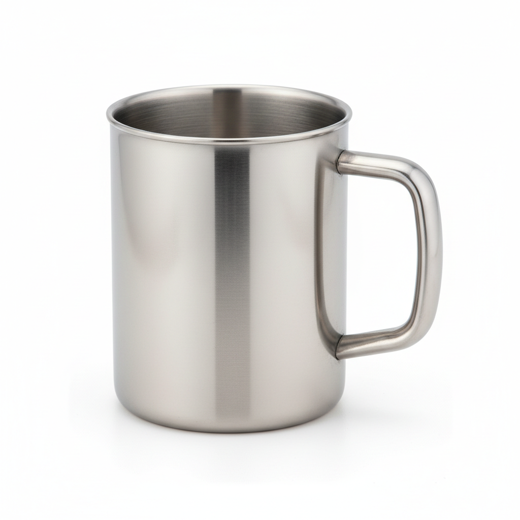 Stainless steel beer mug with side handle on pure white background