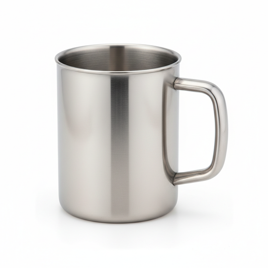 Stainless steel beer mug with side handle on pure white background