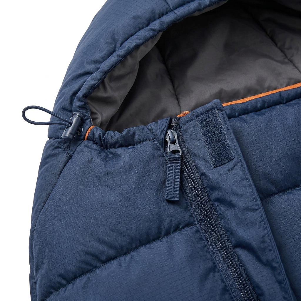 Detail close-up of camping sleeping bag showing contoured drawstring hood, heavy-duty two-way zipper, and ripstop polyester fabric texture on white background