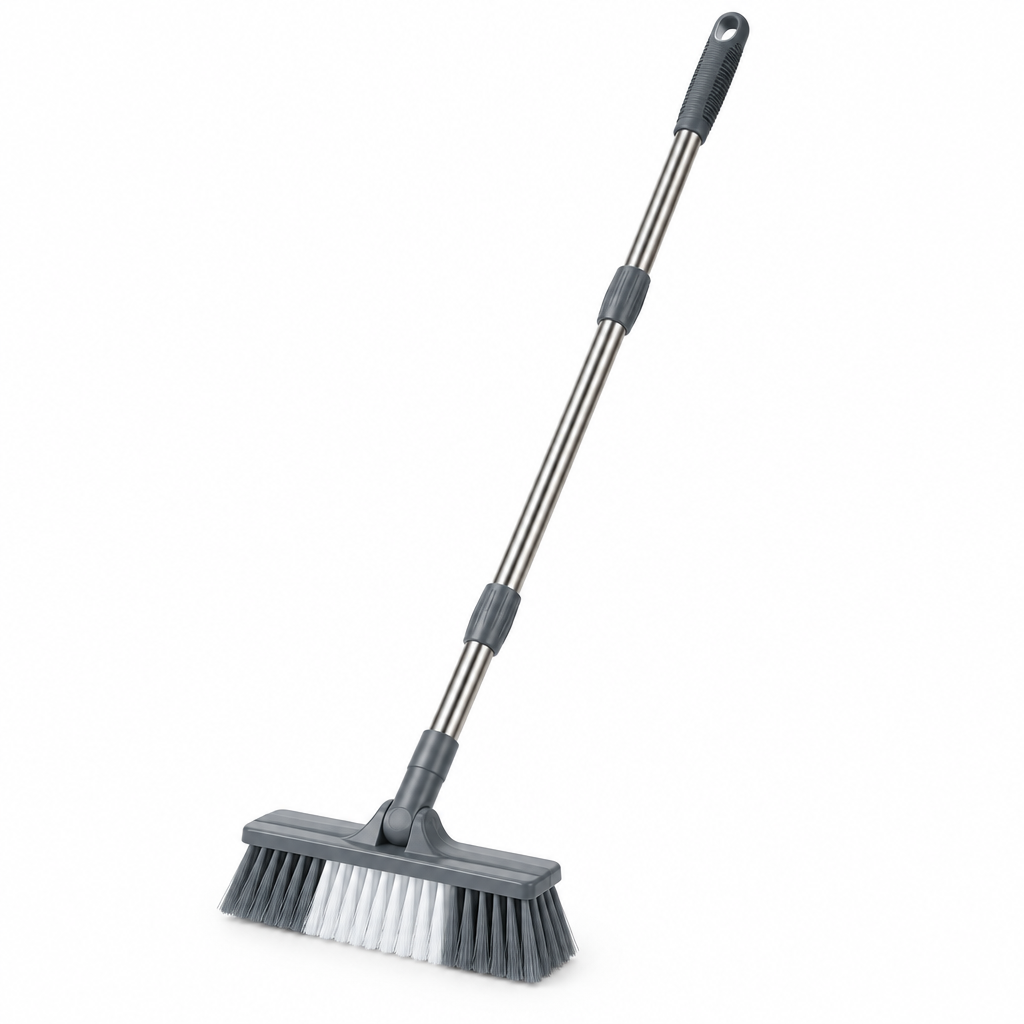 Long handle scrub brush, telescopic stainless steel pole with rectangular stiff bristle brush head on white background