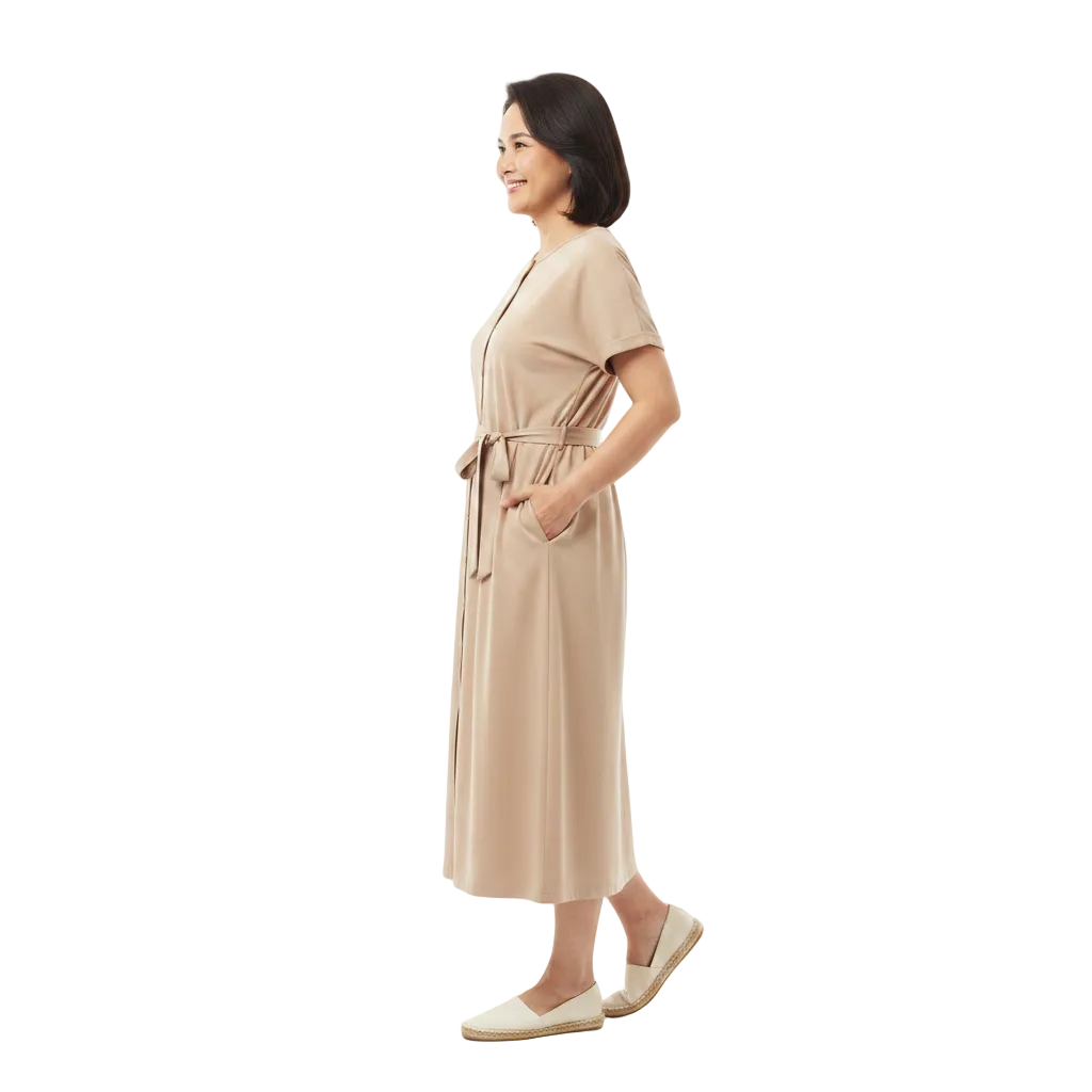 Side profile view of cotton blend round neck shirt dress on white background