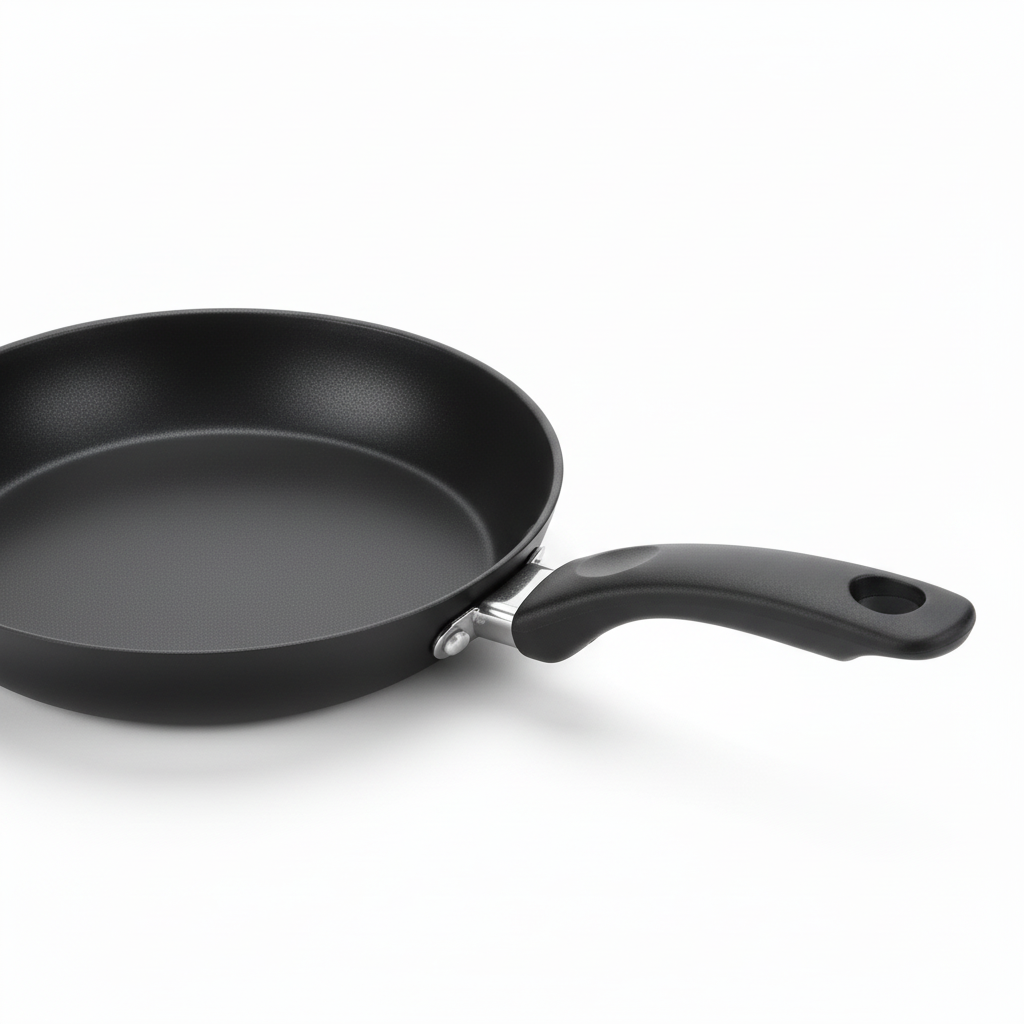 Close-up macro detail of mini non-stick frying pan curved rim, non-stick coating, and handle bracket