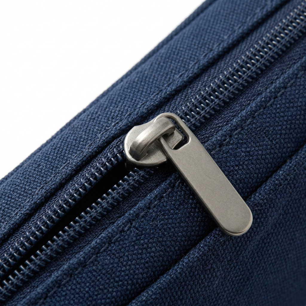 Detail close-up of pen case showing nylon coil zipper teeth, matte nickel pull, and reinforced piping seams on white background