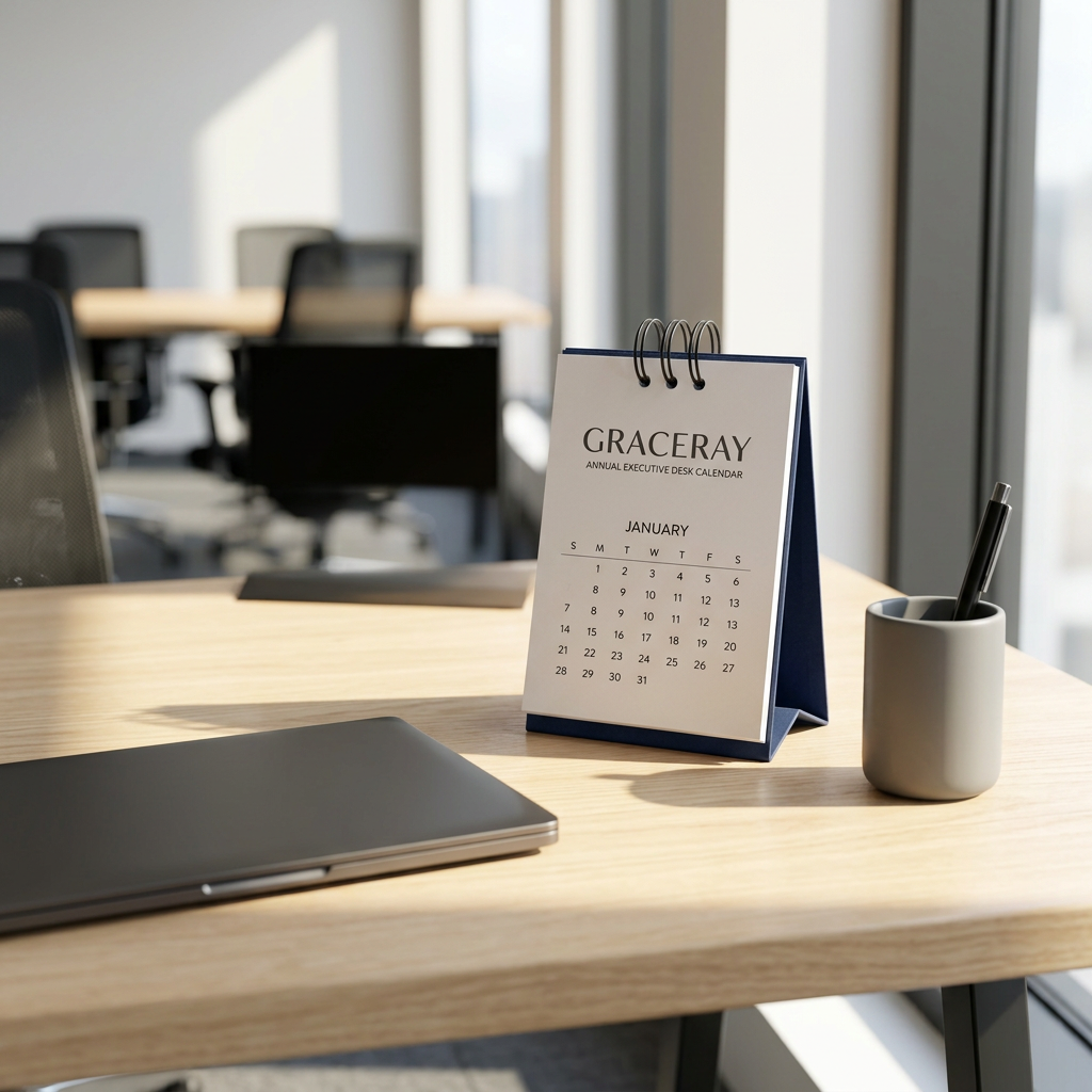 Custom desktop calendar stand resting on a birchwood office workstation desk
