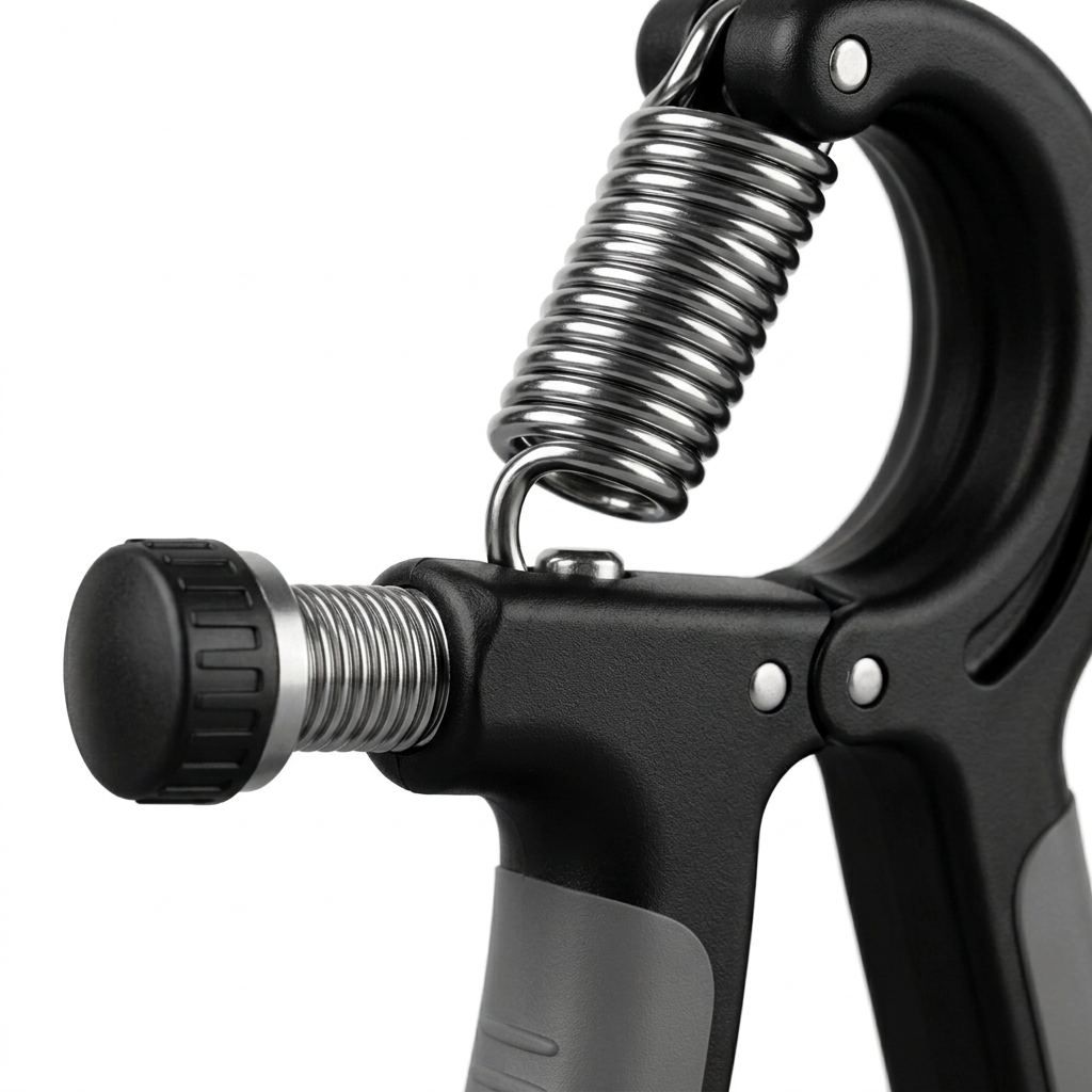 Detail close-up of hand grip strengthener tension dial knob and steel spring on white background