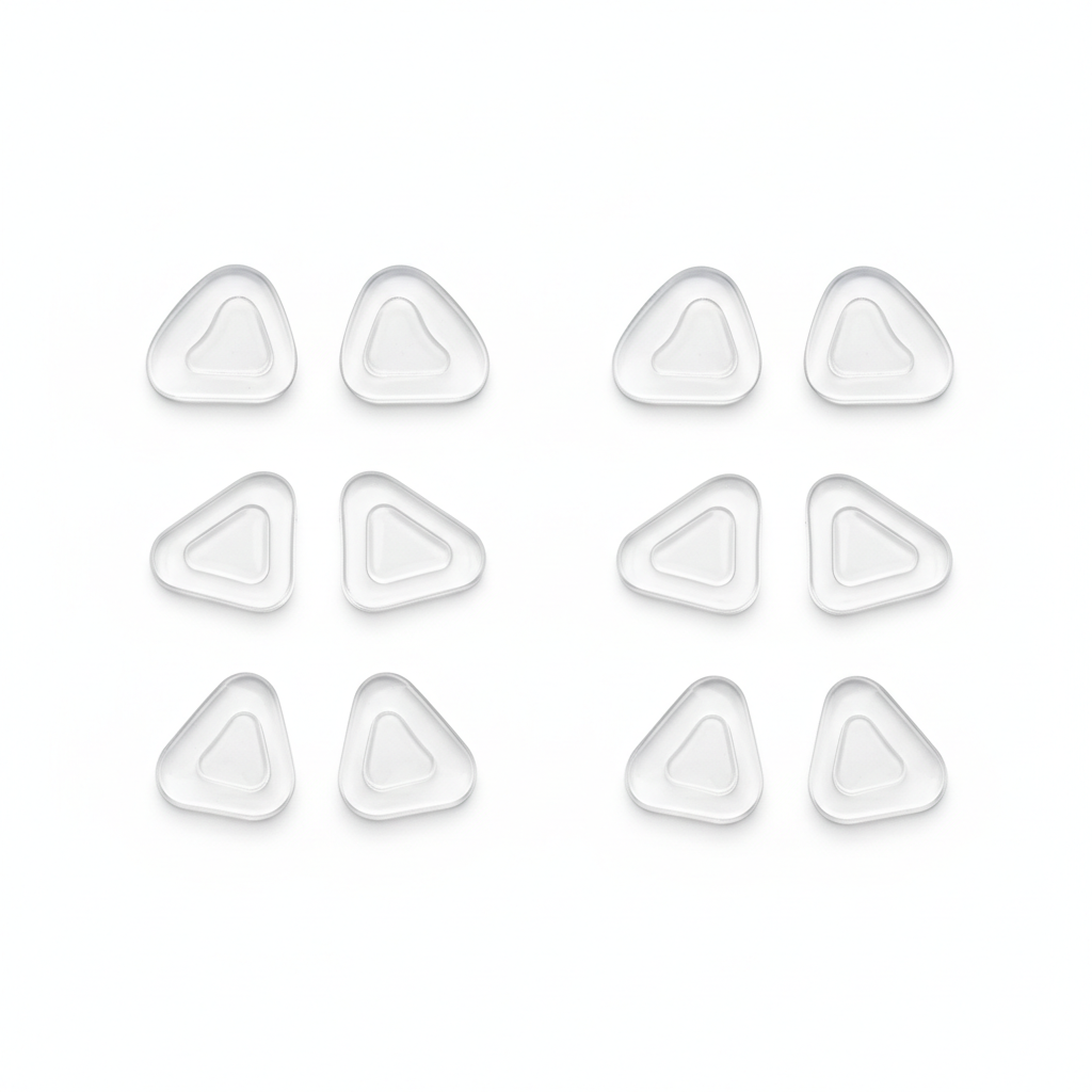 Silicone anti-slip eyeglass nose pads in multiple shapes arranged on white background