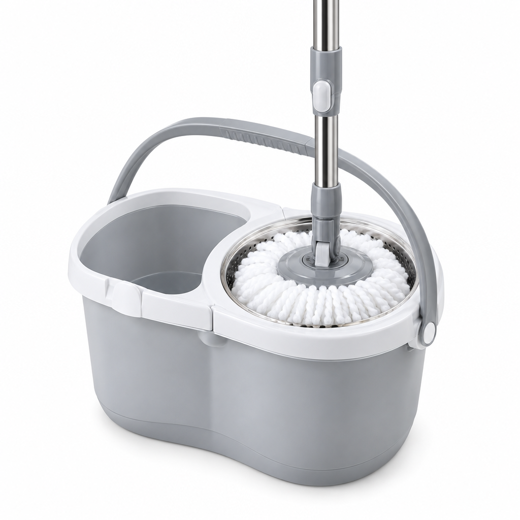 Spin mop set, dual-drive bucket with stainless steel wringer basket and microfiber mop on white background