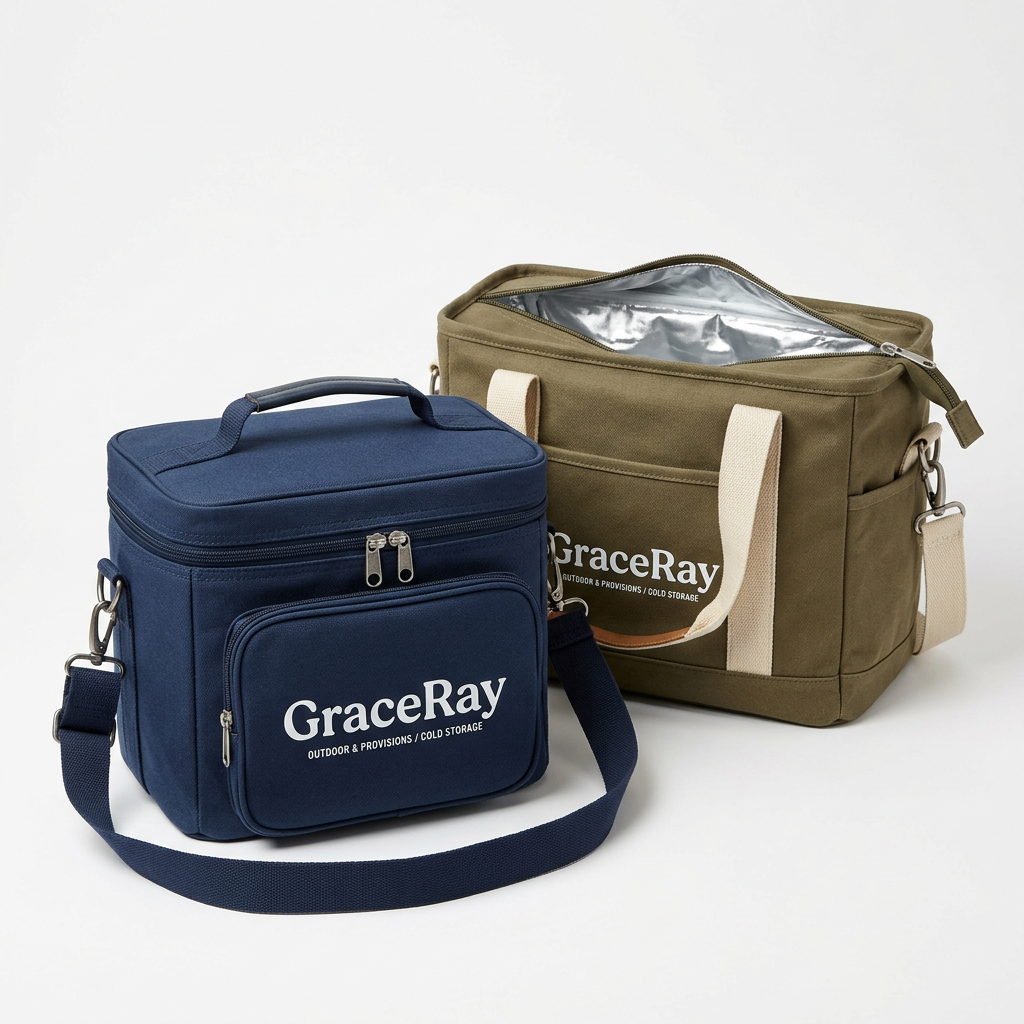 Custom branded insulated cooler bags in different sizes with original printed designs.