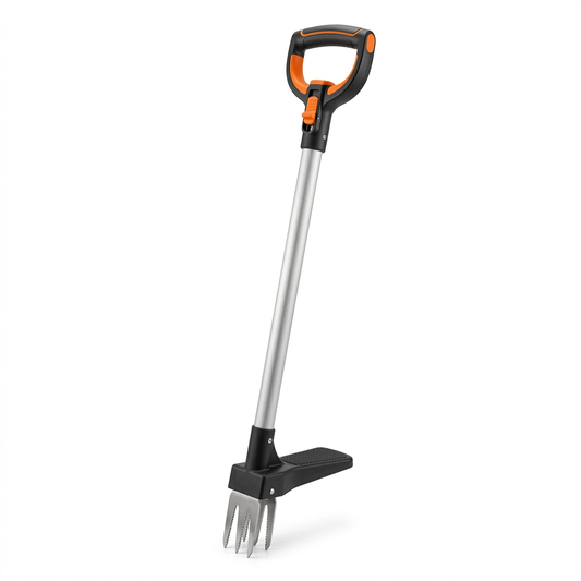 Single complete stand-up weed puller with aluminum shaft, foot pedal, and 4 serrated claw prongs on pure white background