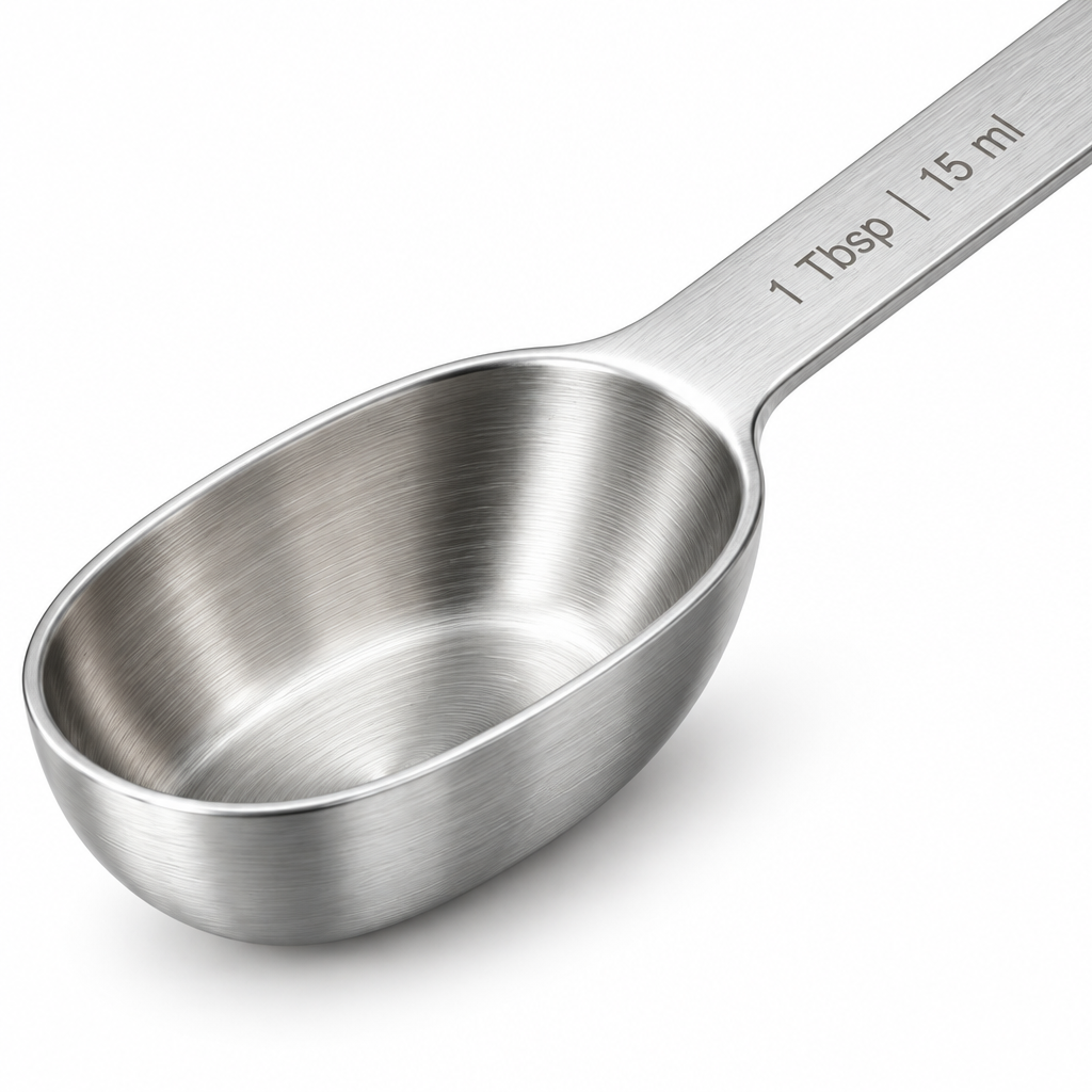 Close-up macro detail of engraved 1 Tbsp 15 ml markings and brushed finish of stainless steel measuring spoon