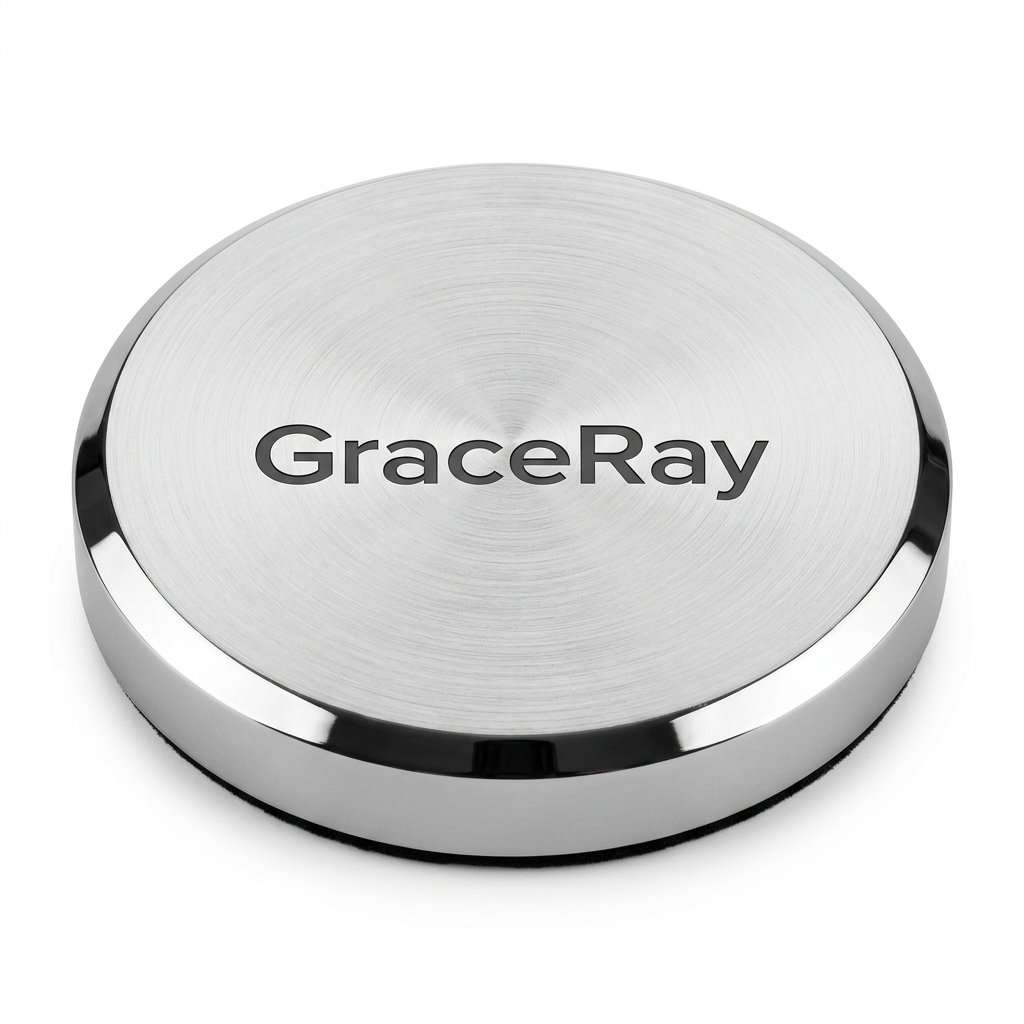 Custom logo metal paperweight displayed on an office desk beside business documents.