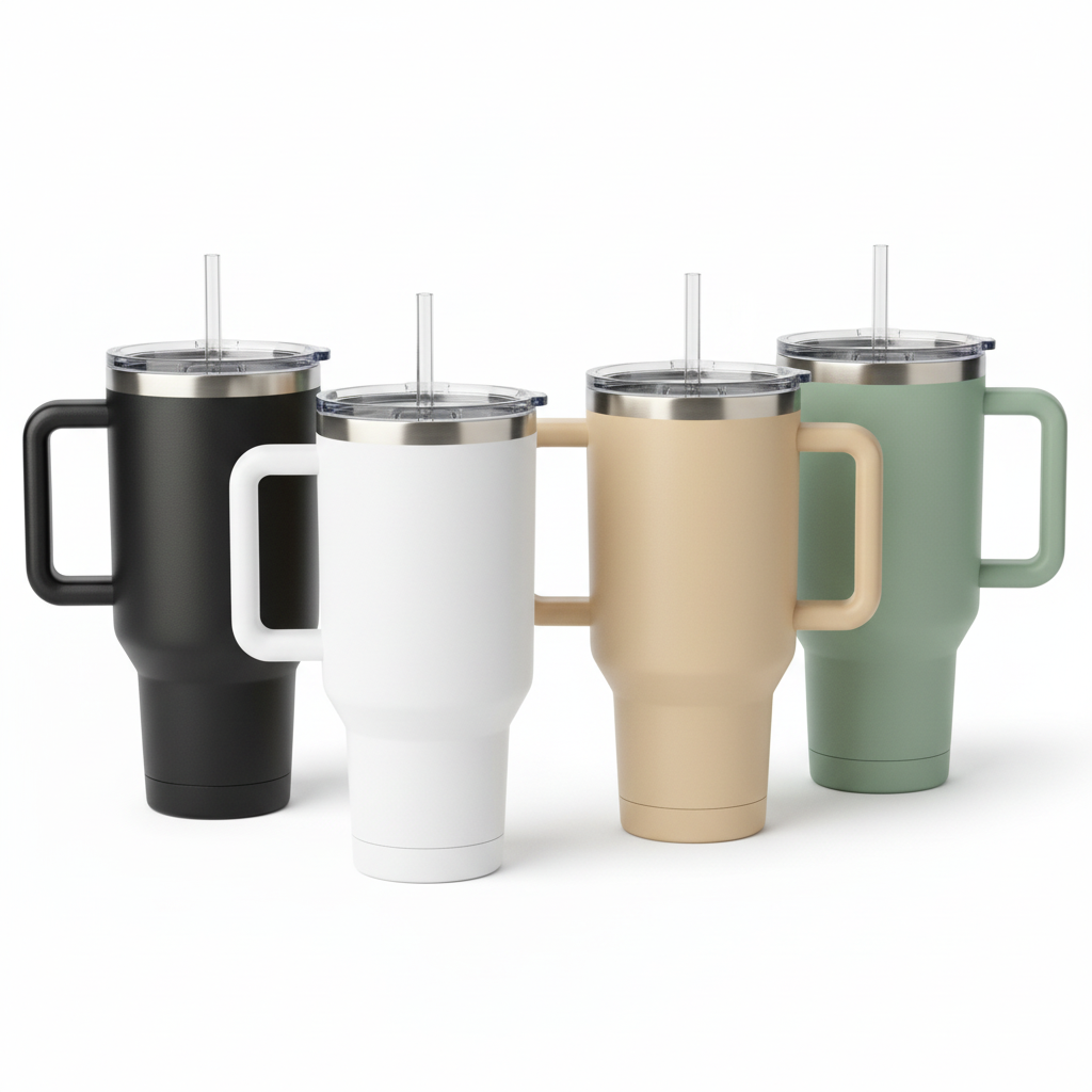 Large insulated tumblers with handles in multiple matte colors on pure white background
