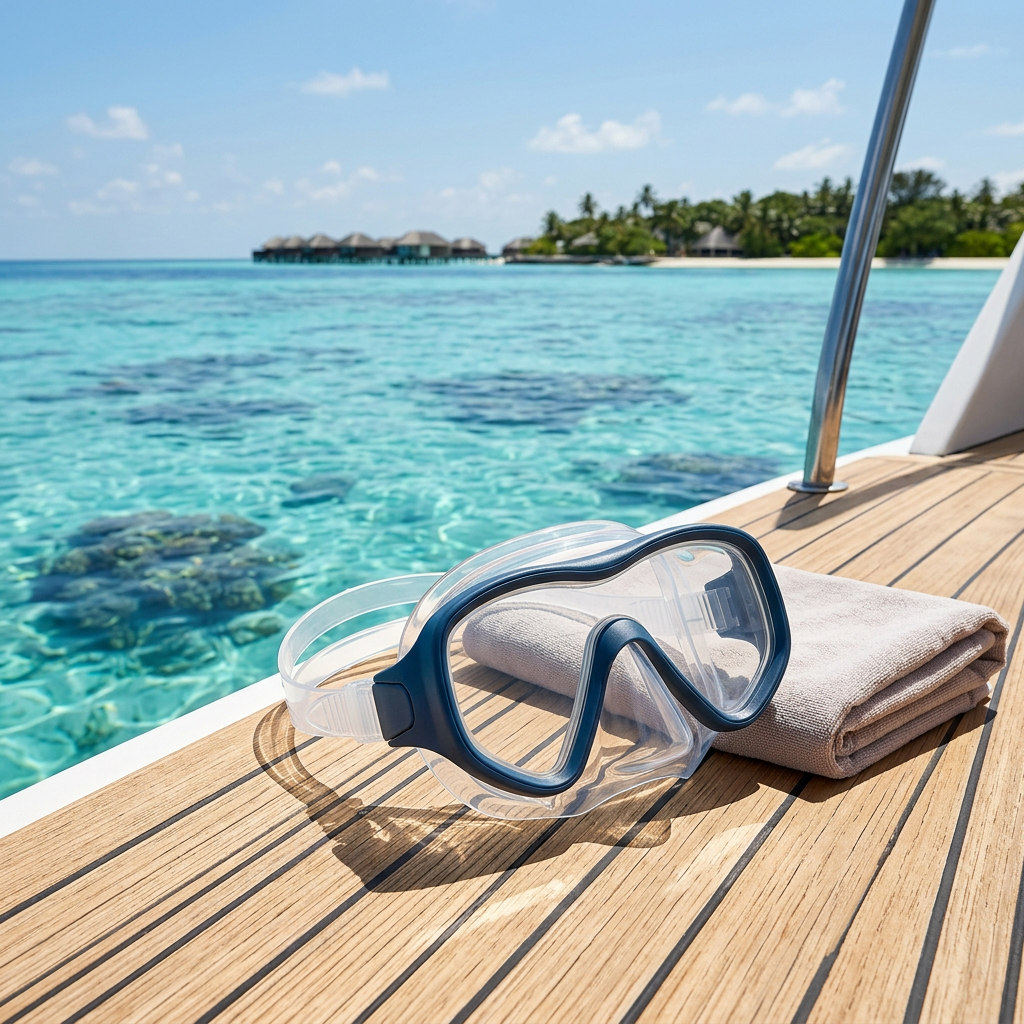 Snorkeling mask on a boat deck overlooking turquoise tropical ocean water