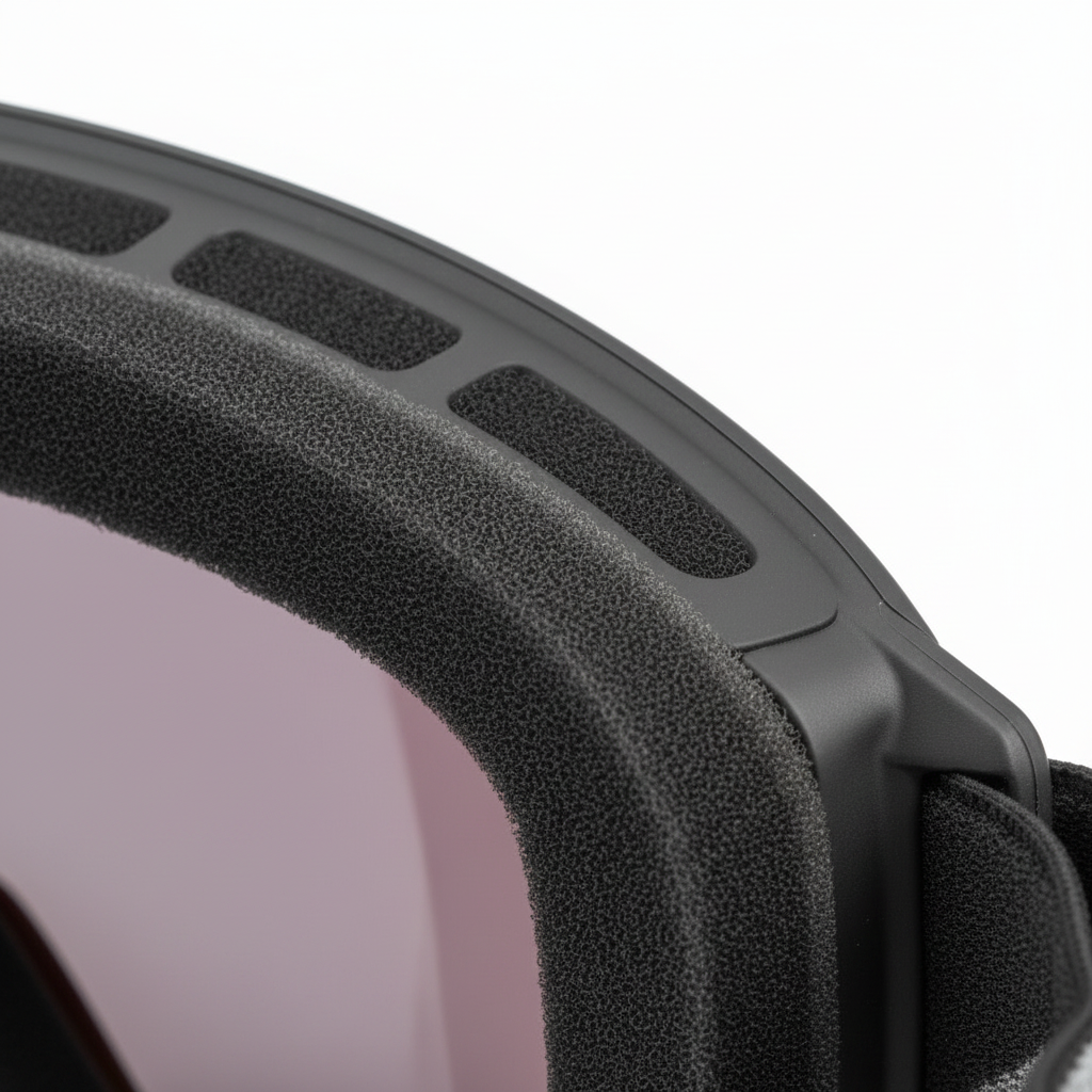 Macro detail of double-lens thermal barrier gasket and ventilation foam perimeter
