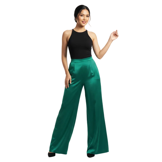 Women’s Satin Wide Leg Pants with Fluid Draped Silhouette