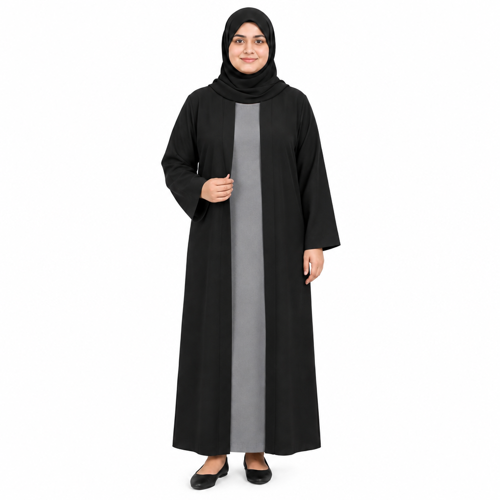 Black solid front open abaya worn open over a grey inner dress, showing the straight open front and long sleeves