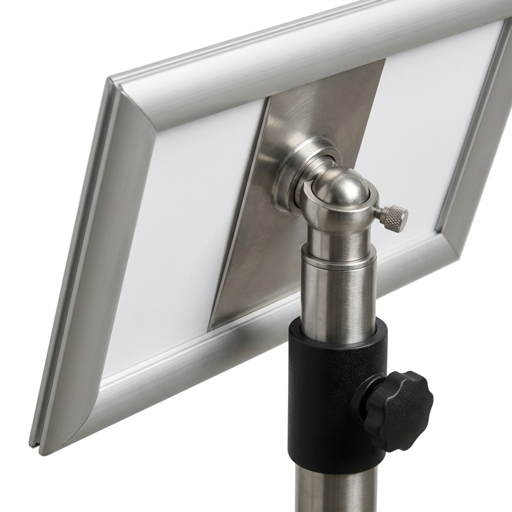 Detail close-up of directional sign pedestal showing 360-degree rotational joint and telescopic collar on white background