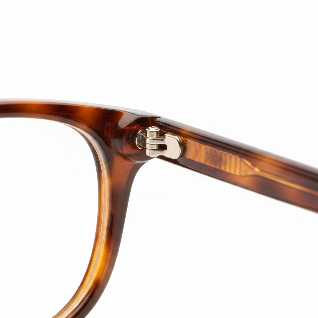 Macro detail of mottled amber tortoiseshell pattern and polished finish on oval glasses