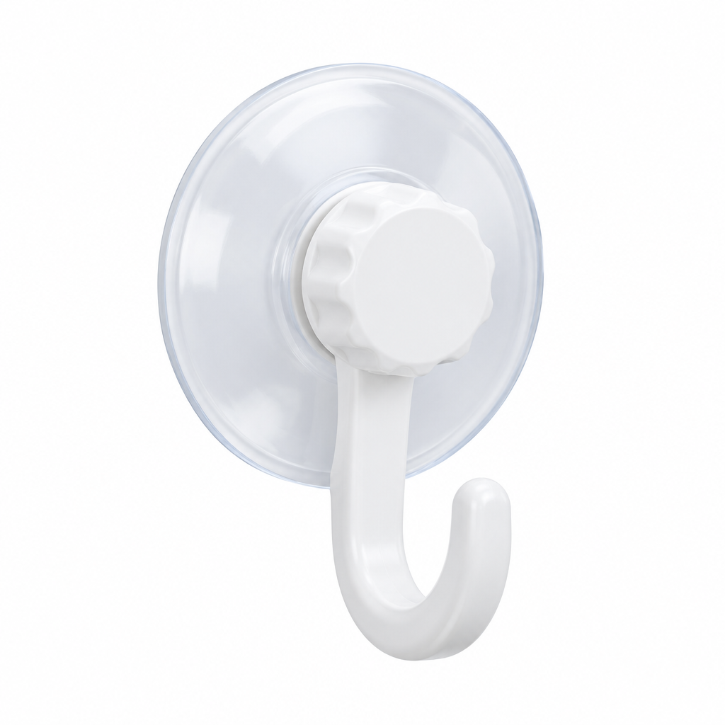 Suction cup hook with clear round suction cup, twist-lock knob and white hook on white background