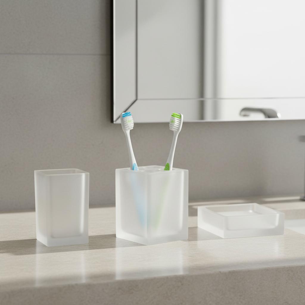 Frosted acrylic hotel toothbrush holder on white bathroom counter beside matching tumbler cup and soap dish, clean international hotel bathroom vanity accessory display