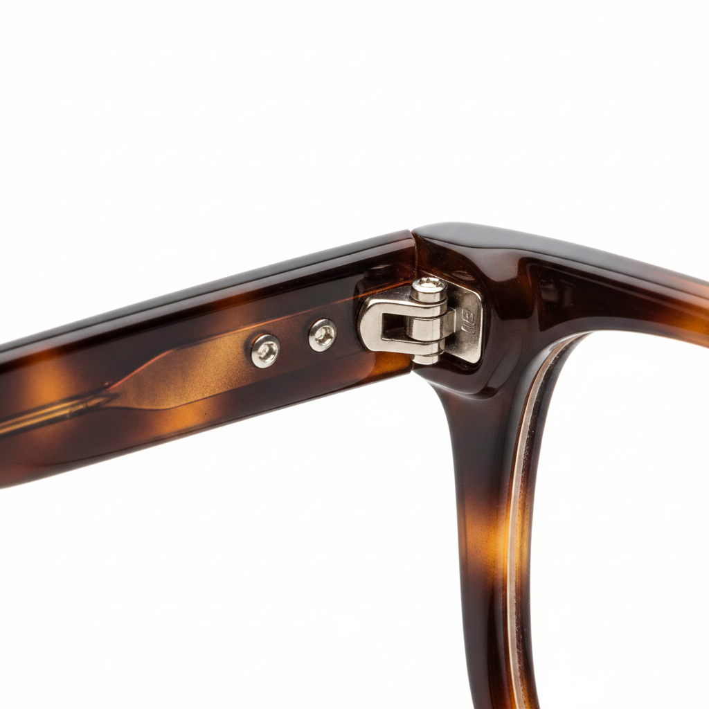 Macro detail of polished Havana acetate frame rivets and robust flexible spring hinge
