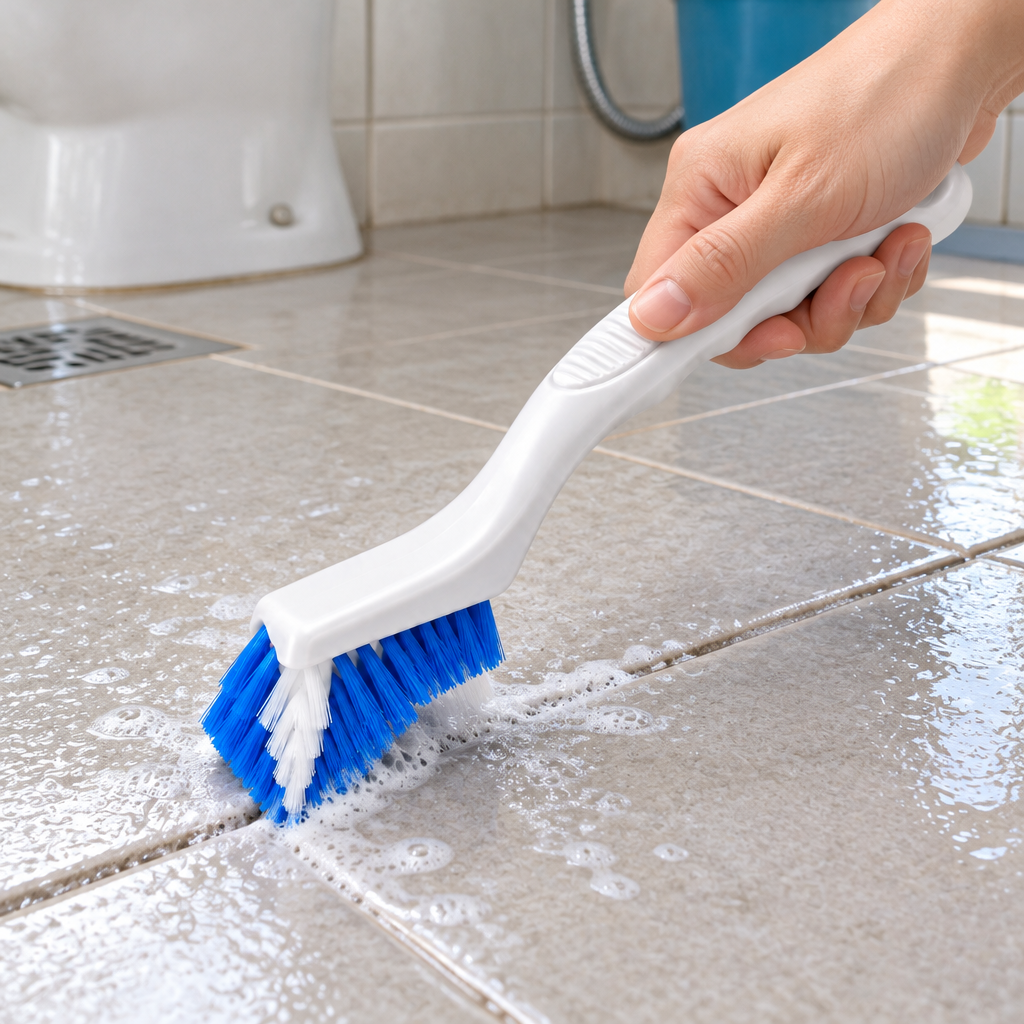 Tile grout cleaning brush held by hand scrubbing recessed floor tile grout lines in a Malaysian bathroom