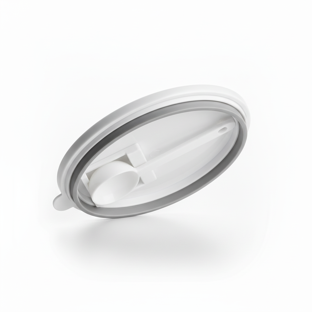 Underside view of sealing lid showcasing integrated spoon docked in lid compartment on pure white background