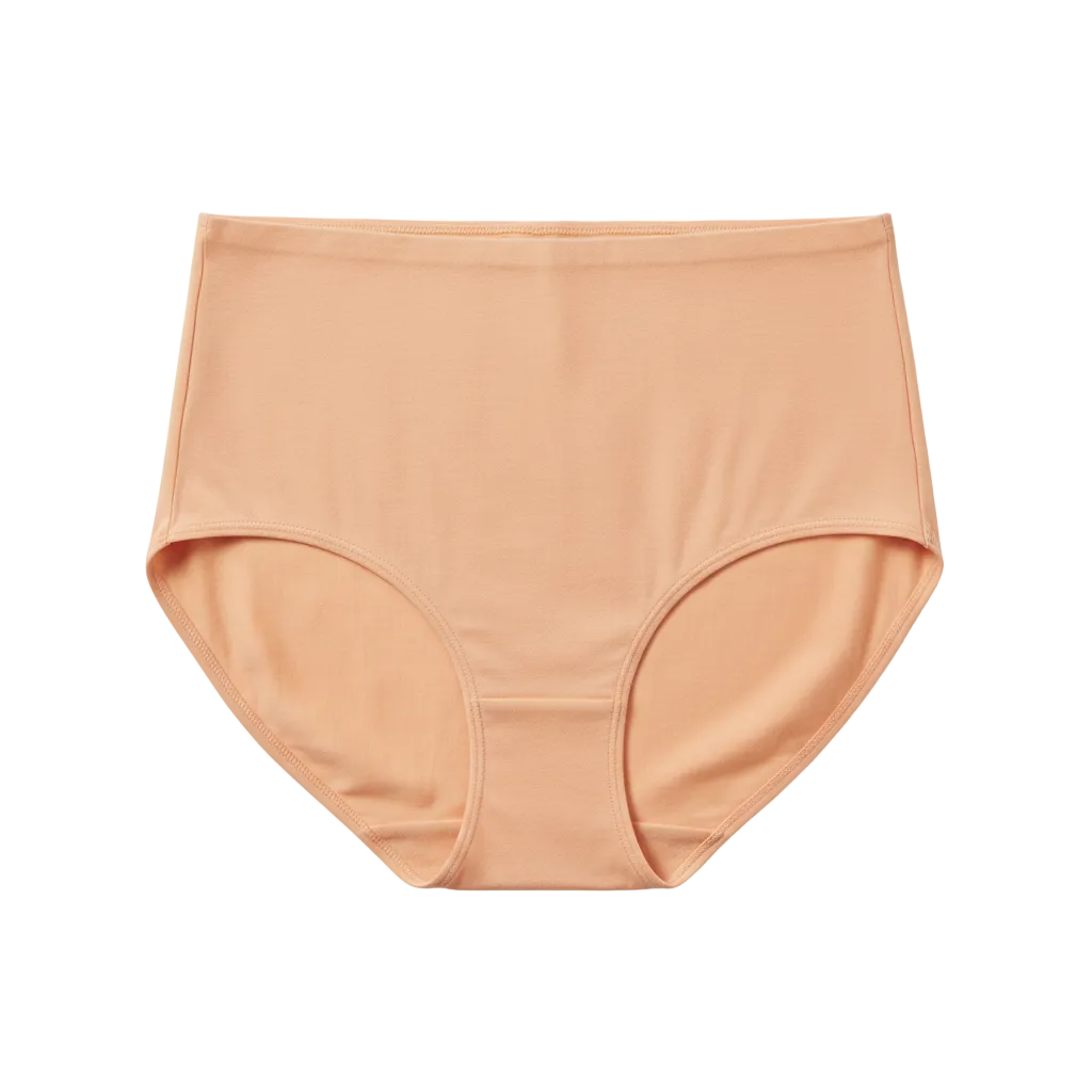 Front view of high waist full coverage cotton briefs in muted apricot on white background