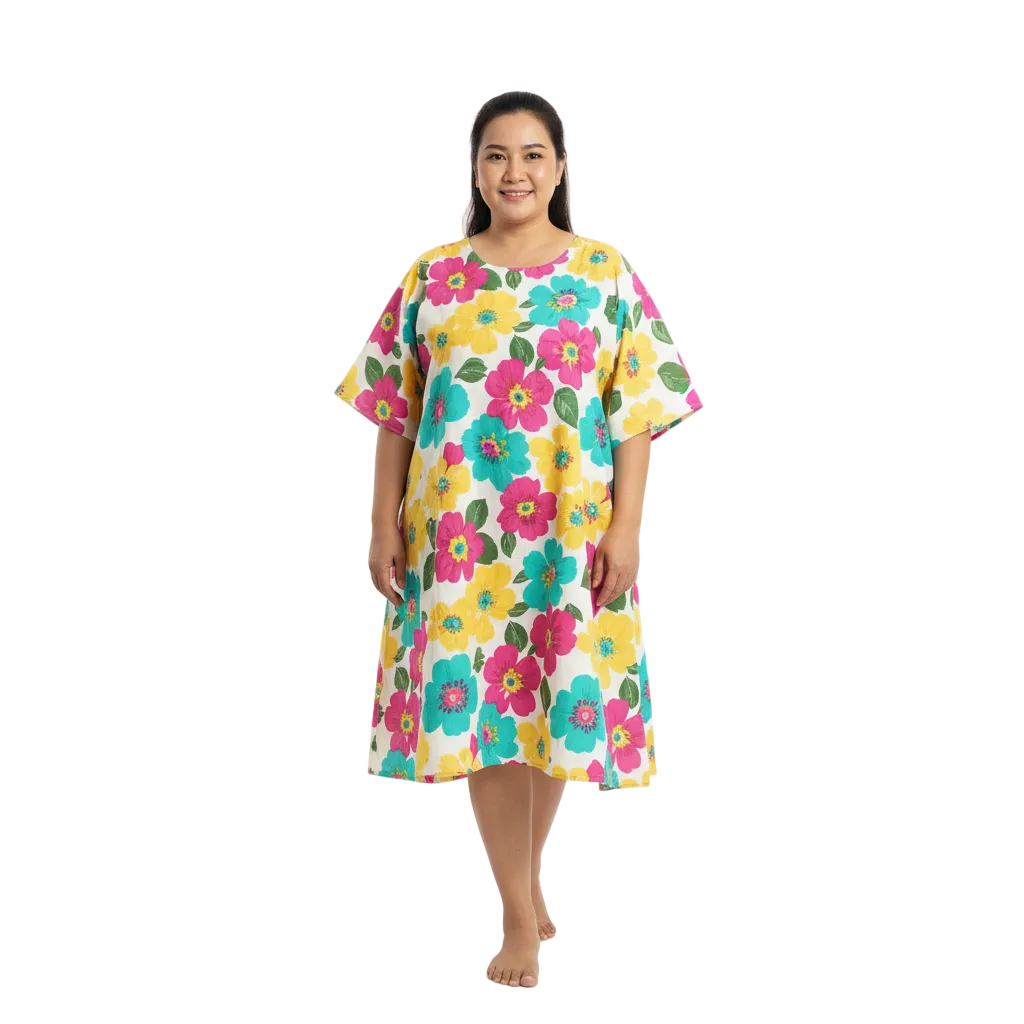 Thai middle-aged woman plus size floral A-line cotton dress