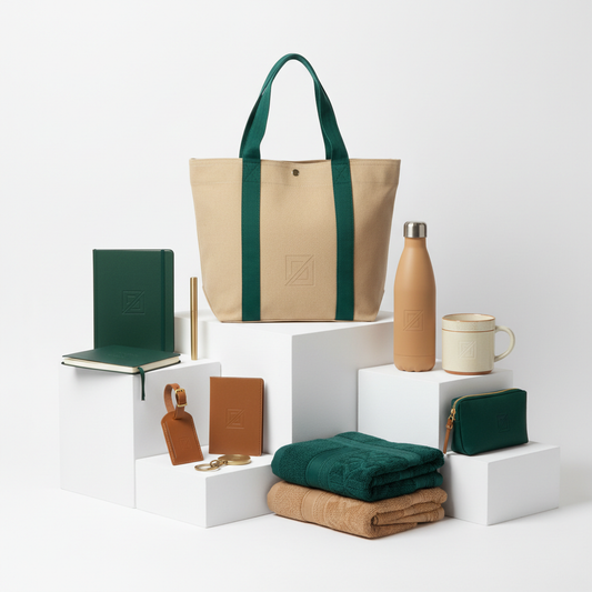 Coordinated hotel merchandise collection with tote, notebook, pen, bottle, mug, towels, luggage tag, passport holder, pouch and keychain on white display blocks
