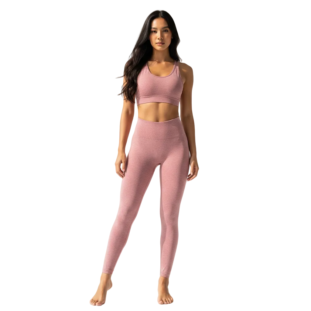 Thai model wearing dusty rose scrunch butt yoga leggings front view