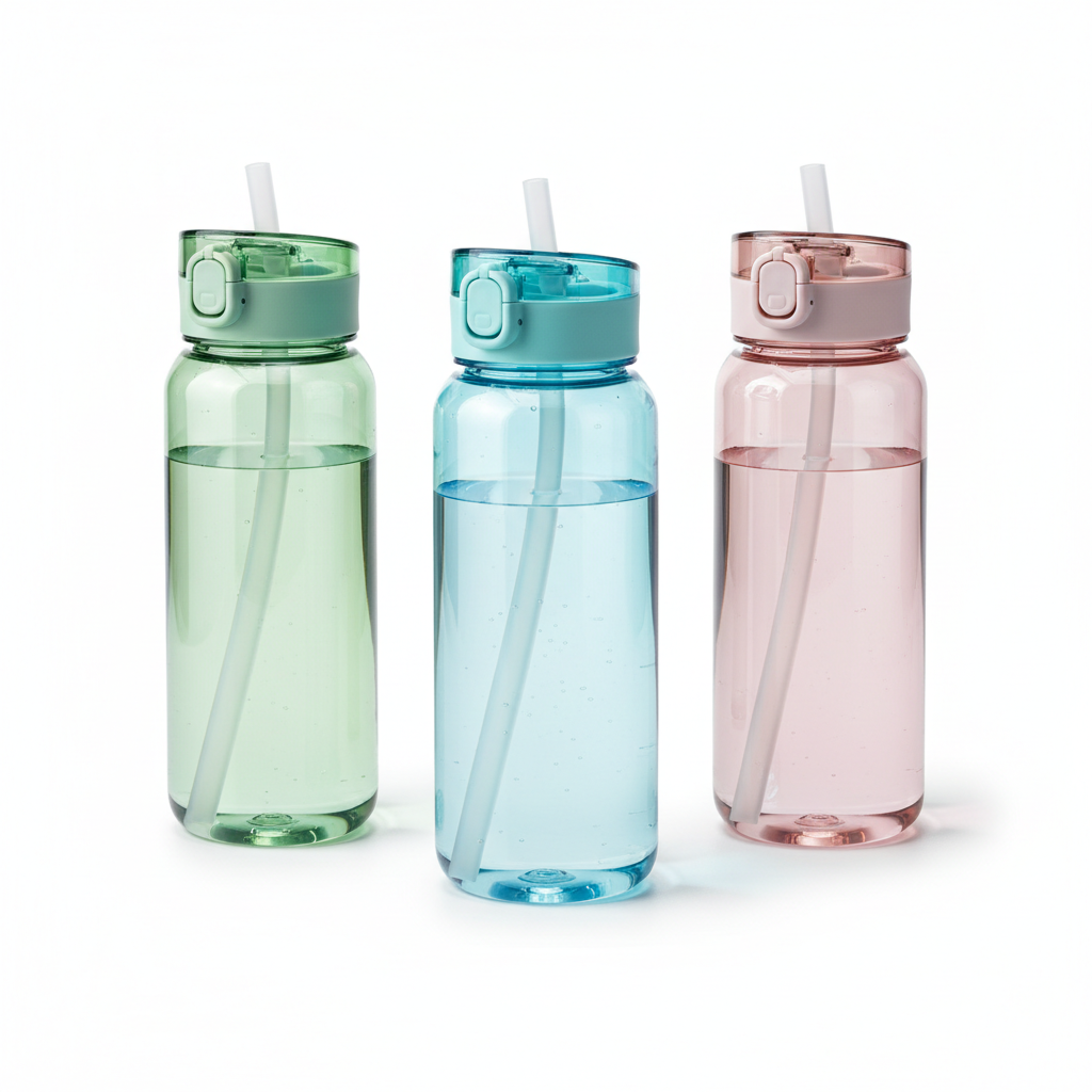 Plastic water bottles with built-in straws and flip-top lids on pure white background