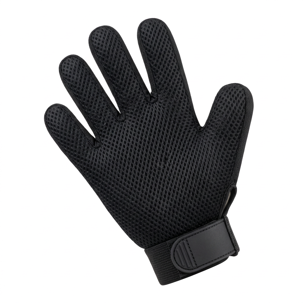 Back side view of pet grooming glove showing breathable black mesh fabric and adjustable Velcro wrist strap on pure white background