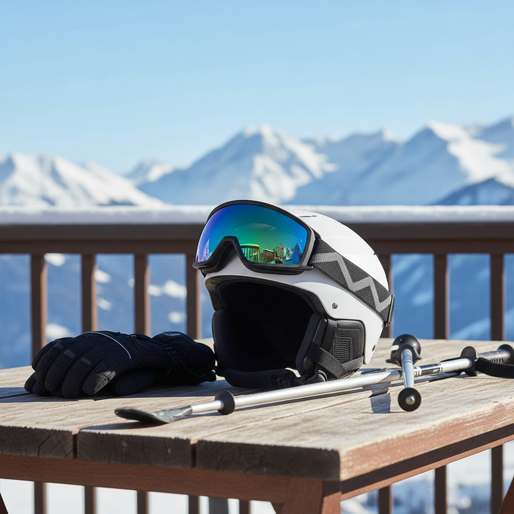 Double-lens ski goggles on ski helmet beside gloves on wooden alpine terrace table