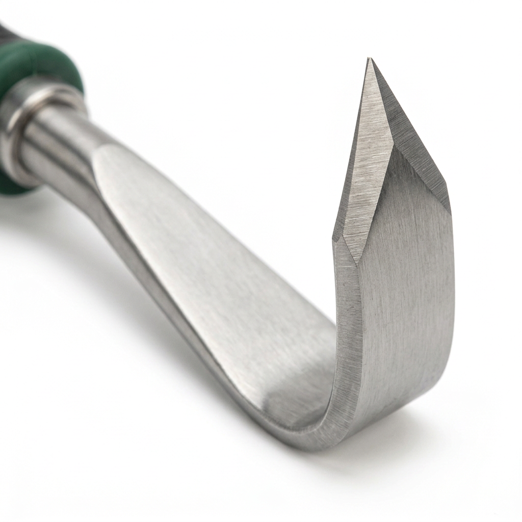 Macro close-up detail of manual weeding tool right-angled hooked blade tip, sharpened beveled cutting edges, and stainless steel shank on pure white background