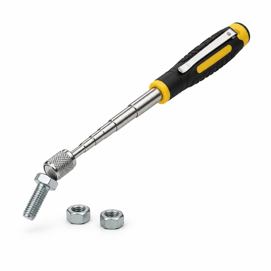 Telescopic magnetic pickup tool with rubber handle and attracted hex bolt on a pure white background with comfortable margins