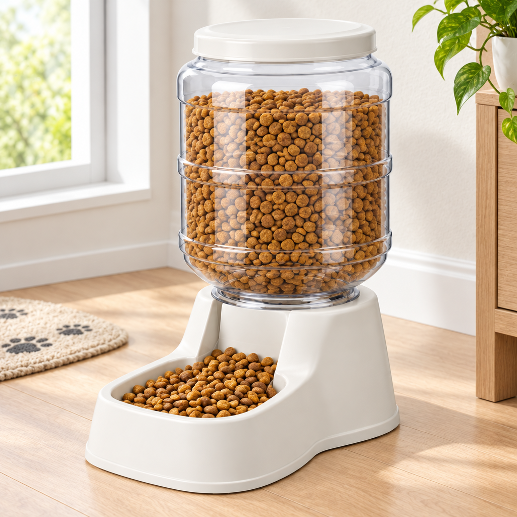 Gravity pet food dispenser filled with dry kibble on hardwood floor in home pet dining area