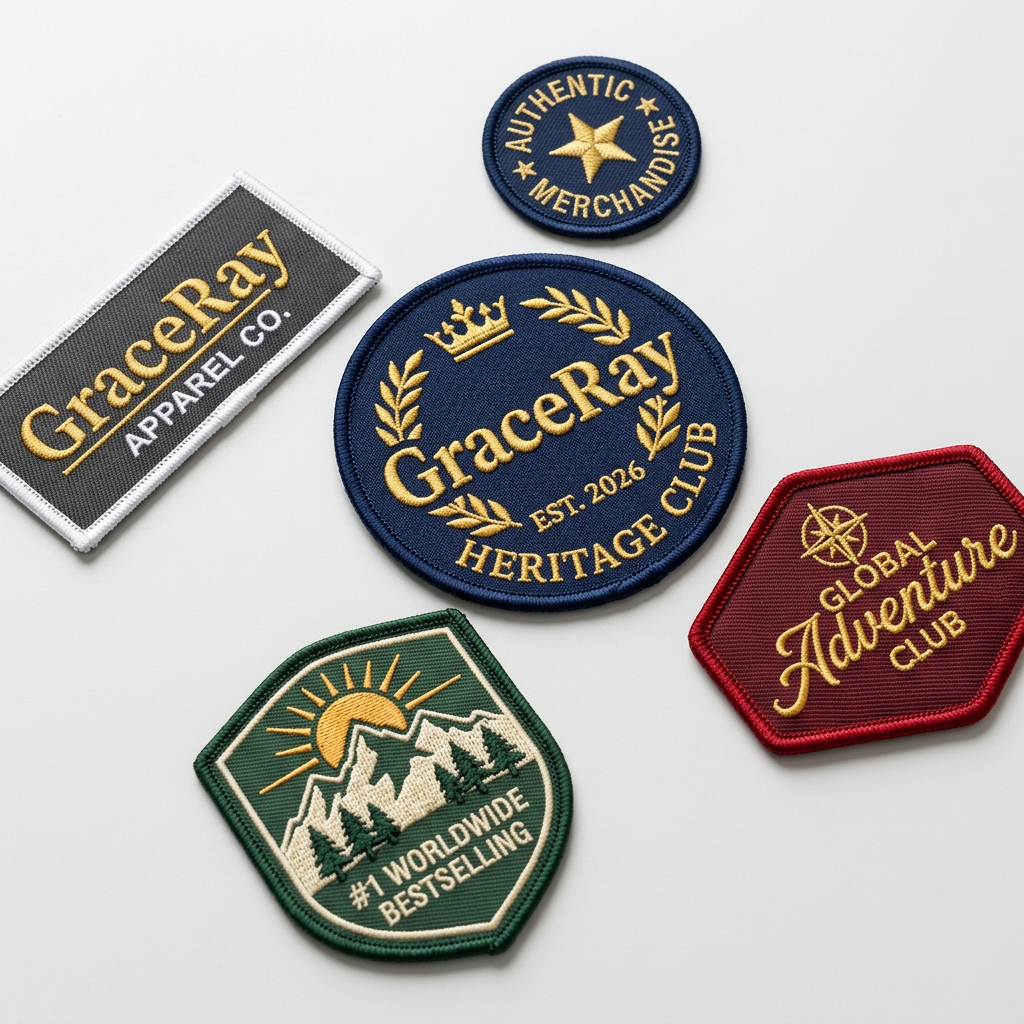 Custom embroidered logo patches in different shapes with visible stitching and fabric texture.