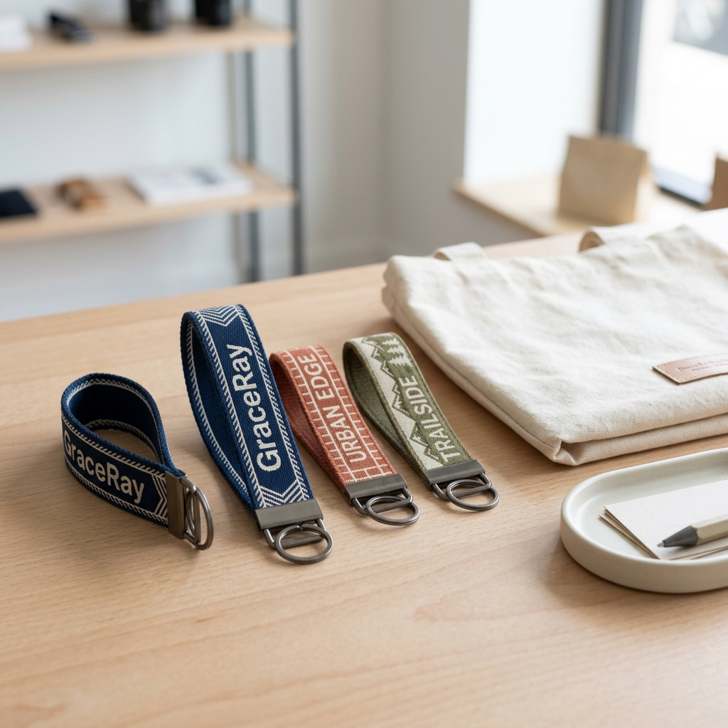 Custom woven wristlet keychains displayed on a retail checkout counter in an urban lifestyle boutique