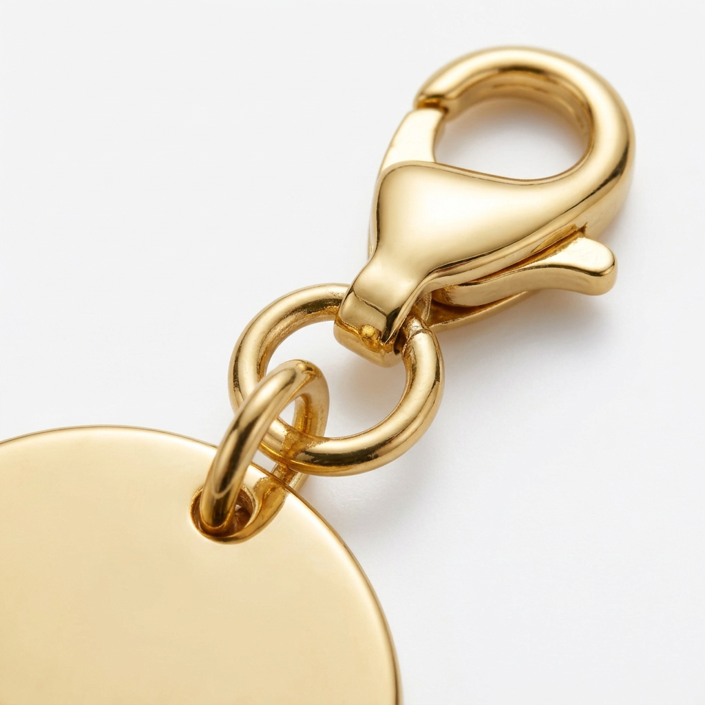 Detail close-up of miniature metal charm showing lobster trigger clasp and gold plating luster on white background